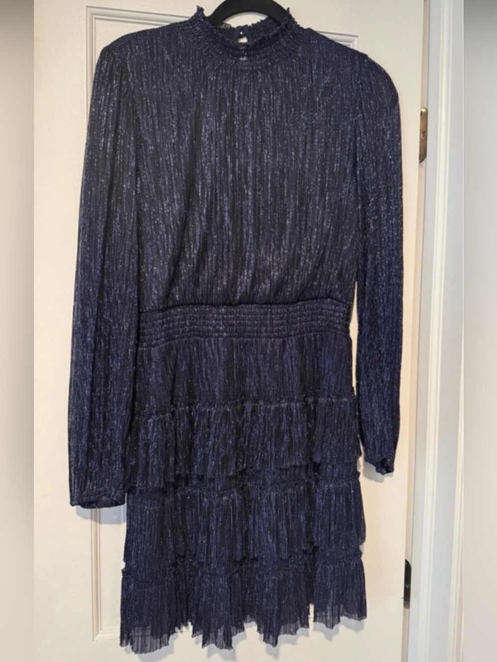 Express Navy Metallic Tiered Long Sleeve Dress